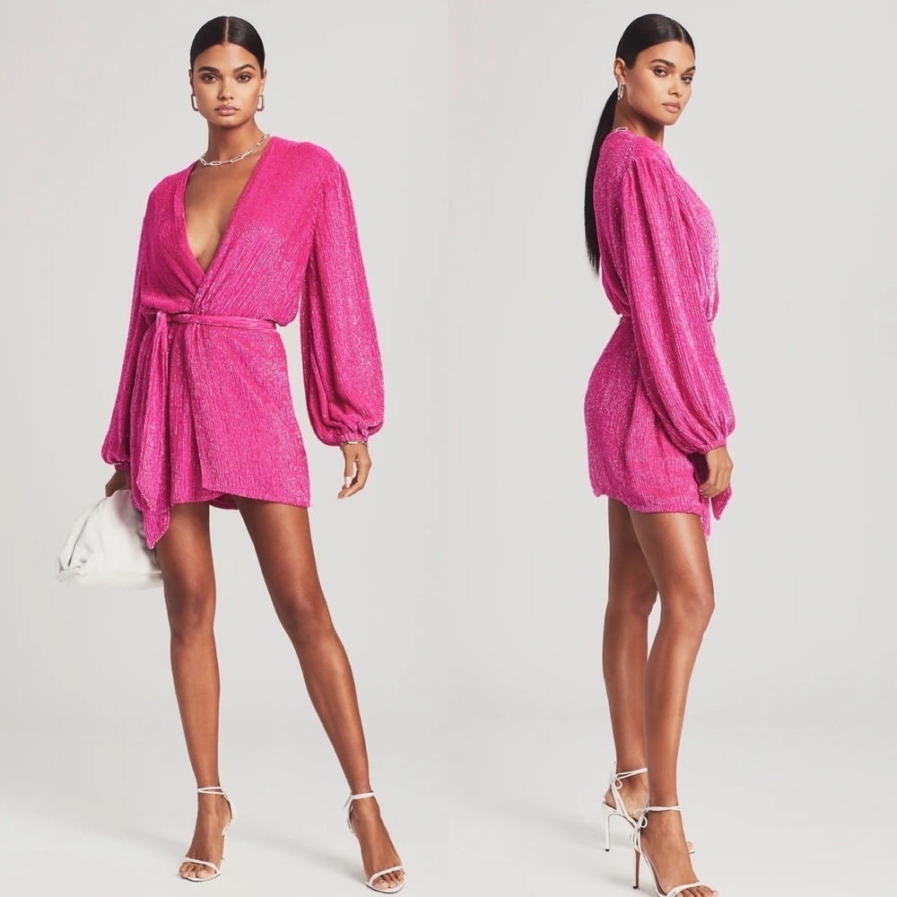 NWT Retrofete Gabrielle Hot Pink Beaded Sequin Robe Wrap Tie Dress Small S